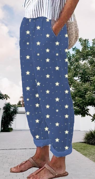 Womens Fashion 2024 Summer Casual Star Printed Palazzo Pants Loose Elastic Waist Cotton Trouser Flowy Leg Pants - Image 3