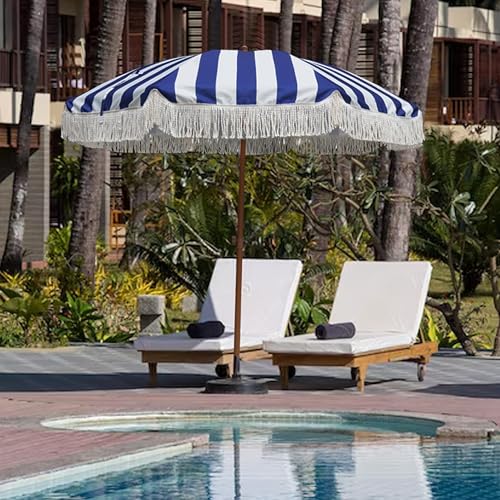 Image of AMMSUN 7ft Patio Umbrella with Fringe Outdoor Tassel Umbrella UPF50+ Wood Color Steel Pole and Steel Ribs Push Button Tilt, Navy Stripe