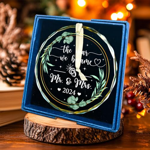 Image of First Christmas Married Ornament 2024 - Crystal Glass Wedding Ornament for Christmas Tree - Mrs and Mrs Wedding Gifts - 1st Christmas Married Keepsake for Newlyweds - Just Married Home Decor