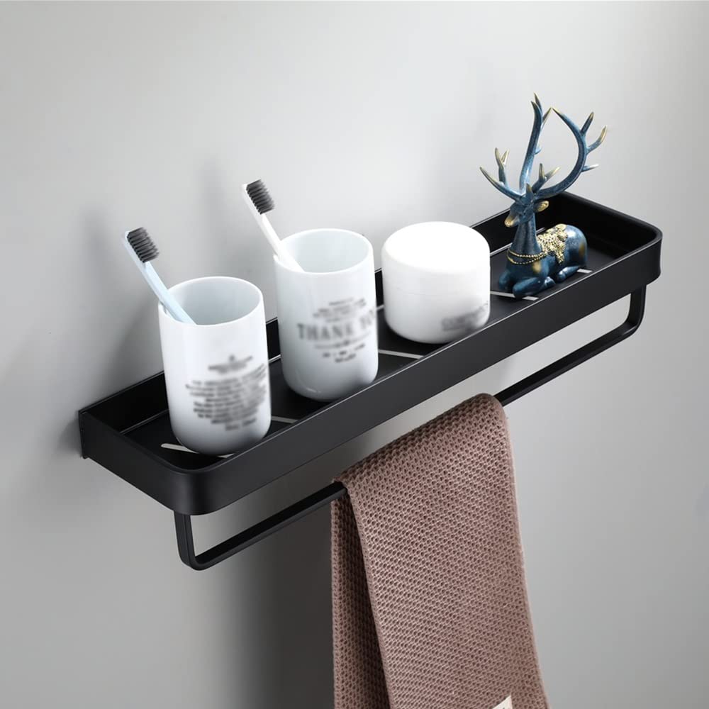 SDGBCXD bathroom shelves, Aluminum Bathroom Shelf with Drainage, Ventilation & Hooks for Shampoo, Gel, Towel, Kitchen Seasoning Bottle Storage(40cm With Bar Hook)