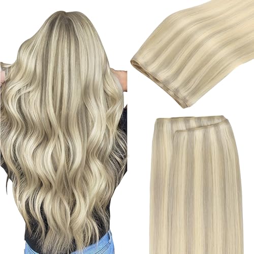 Image of GOO GOO Sew in Hair Extensions Real Human Hair, Weft Hair Extensions Human Hair, 17A /60A Ash Blonde Highlighted Platinum Blonde 20inch 130g, Weft Bundles Straight Silky Remy Hair