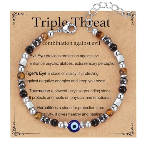 Triple Threat Protection Anxiety Relief Gifts for Women,Natural Healing Crystal Bracelet Evil Eye Jewelry for Her Friends