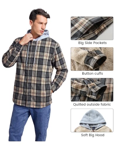 Image of Men's Cotton Plaid Shirt Jacket Fleece Flannel Sherpa Button Down