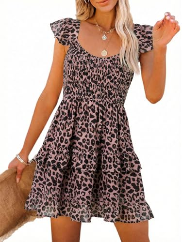 Image of Women Summer Dresses Casual Boho Smocked Ruffle Sun Beach Babydoll Mini Dress Layered Flowy Swing Dress
