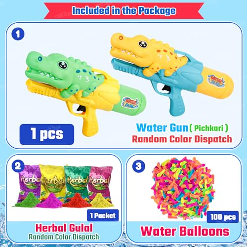 Image of Zest 4 Toyz Holi Pichkari Water Gun for Kids High Pressure Spray Get Holi Combo 1 Pkt Holi Color and 100 Balloons for Holi Celebration Boys and Girls (Crocodile Themed)-Assorted