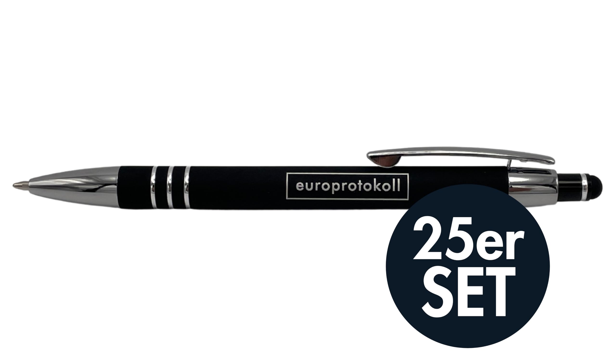 europrotokoll Kugelschreiber aus hochwertigem Aluminium, schwarz, blaue Mine (25er Set)