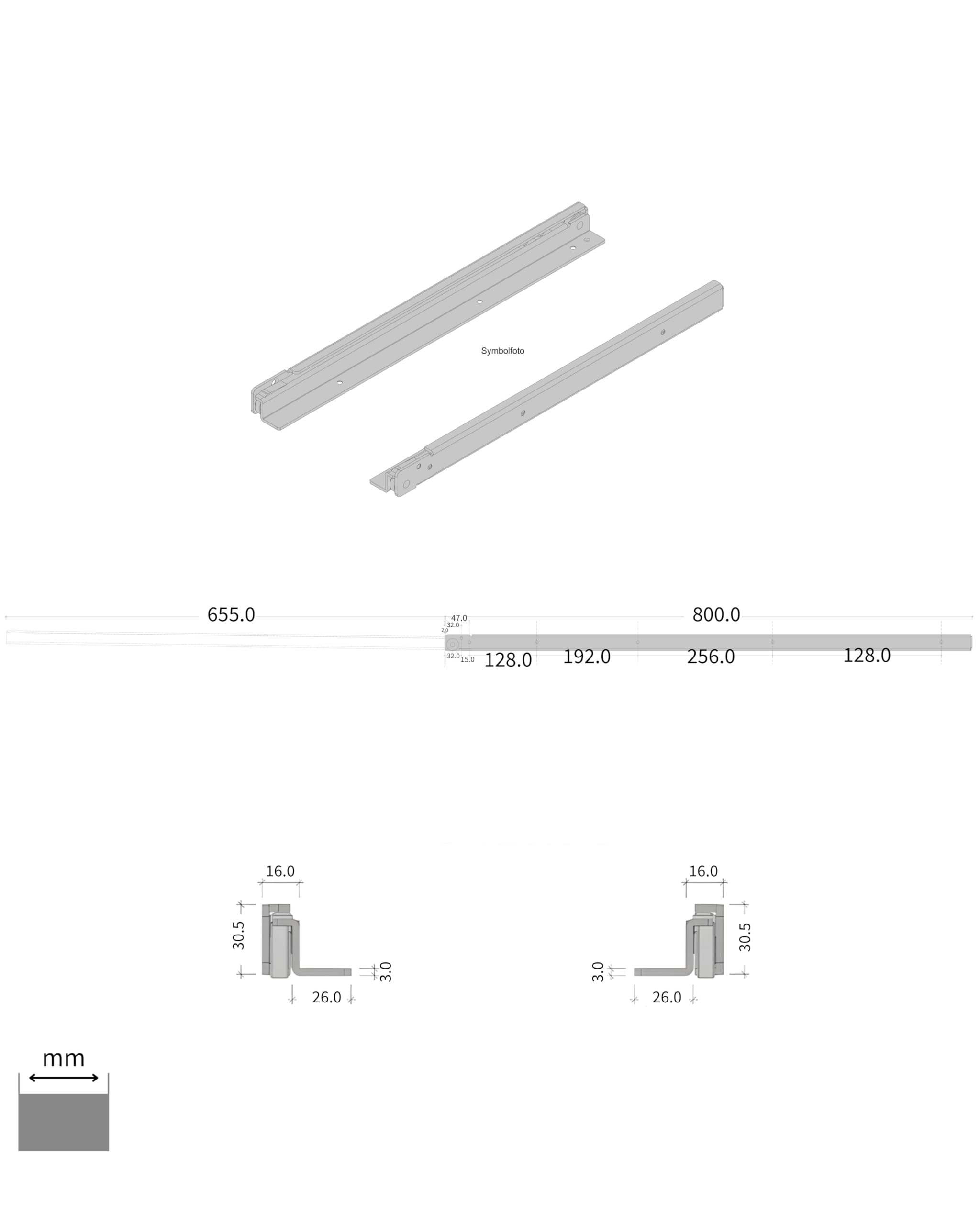Gedotec Guida per cassetti ad estrazione parziale 800 mm Guida per cassetti a montaggio superficiale | FR206 | portata 100 kg | acciaio zincato