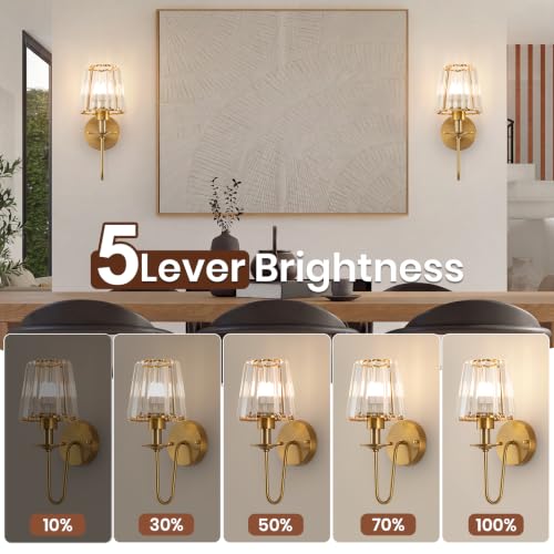 Image of EIDISUNY Battery Operated Wall Sconces Set of 2, Wireless Crystal Wall Sconces with RGB Dimmable Bulbs, Rechargeable Wall Sconce with Remote for Bedroom, Living Room(Gold)