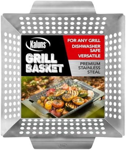 Kaluns Heavy Duty Stainless Steel Vegetable Grill Basket, Rectangular, Silver, Dishwasher Safe Grills and Vegetables