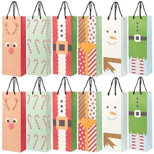 24 Pack Christmas Wine Gift Bags with Handles - 6 Winter Xmas Designs - Christmas Wine Bags for Wines Bottles Present, Winter Holiday Season Gathering Party, 15.3 x 3.2 x 5.5 Inch