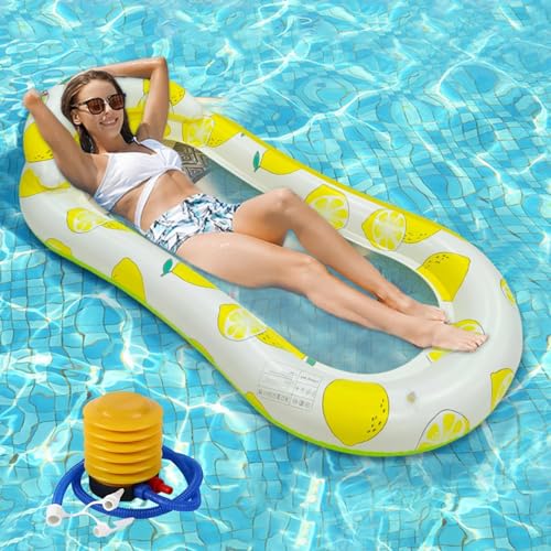 Image of Inflatable Pool Float Lounger with Lemon Pattern, Mesh Cooling Bed, White and Yellow Lemon Design (1 Pcs.)