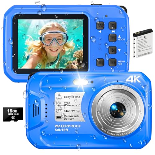 4K Underwater Camera, 64MP 16FT Waterproof Digital Camera with 16GB Card, Autofocus Floatable...