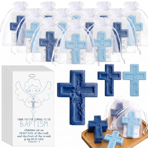 Image of 50 Pack Cross Scented Soap Baptism Favors with Cards Bags Guest Gifts,Blue | Cross Scented Soap Favors with Card and Bag, Ideal Baptism Gift for Boy and Girl, Christening Favor, Baby Shower Party Decor