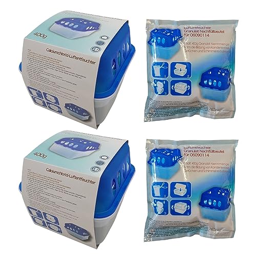 BURI 2 deumidificatori granulati con 2 sacchetti di ricarica da 400 g, deumidificatore per ambienti con vaschetta di raccolta, tappo per l'umidità, deumidificatore, riutilizzabile