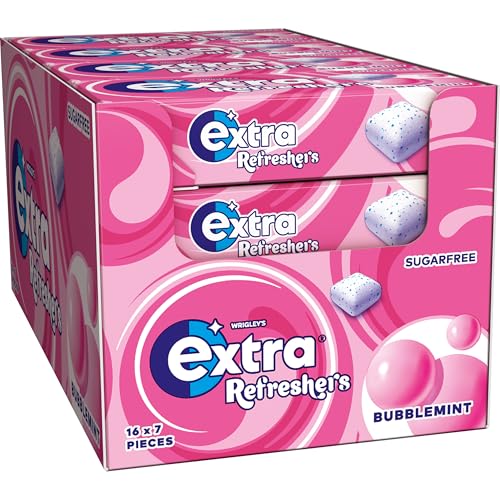Wrigleys Extra Refreshers Bubblemint Sugar Free Chewing Gum Bulk Pack 16 x 7 Pieces - Bubblegum Mint Fresh Breath Gum - Air Travel Essentials Festival Accessories & Road Trip Snacks