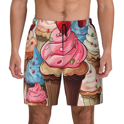 Men's Swim Trunks Quick Dry Board Shorts Cupcakes and Ice Cream Beach Shorts with Pocket Bathing Suits for Men