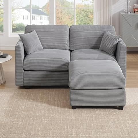 poplarbox Loveseat with Ottoman, 66" Small Loveseat for Small Spaces, Corduroy Modular Loveseat Sofa Convertible L Shaped Couch with Throw Pillows for Bedroom, Apartment (Light Grey) Cover