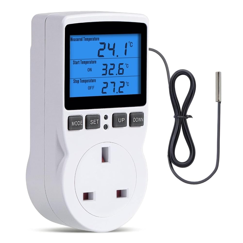 UDSKNV[KSL Digital Temperature Controller Thermostat Plug Socket, Timer Switch Outlet with Sensor Probe UK Plug