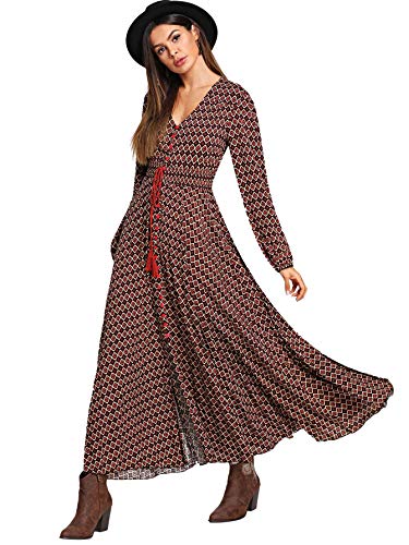 Milumia Women's Button Up Split Long Sleeve V Neck Multicolor Flowy Party Maxi Dress Small