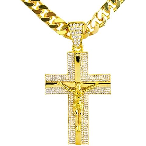 metaltree98 NEW Men's 14K Gold & Silver Plated Iced Cross Jesus Pendant 30" Heavy Cuban Chain Necklace HC 6010 (Gold) Cover