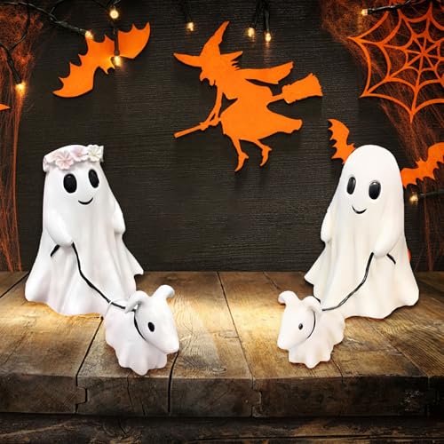 Ajuanbazha Halloween Ghost Walking Dog Statue, Geist mit Hunde Figur, Harz, 2024 Neue Halloween Dekoration, Junge