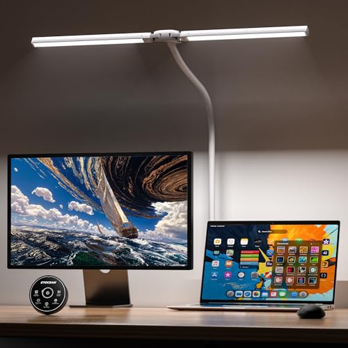 EYOCEAN Schreibtischlampe Doppelkopf Schreibtischlampe Klemmbar 16W 72cm Tageslichtlampe Schreibtisch mit Fernbedienung Dimmbare Monitor Lampe Schwanenhals Büro Tischlampe Augenschutz Klemmlampe
