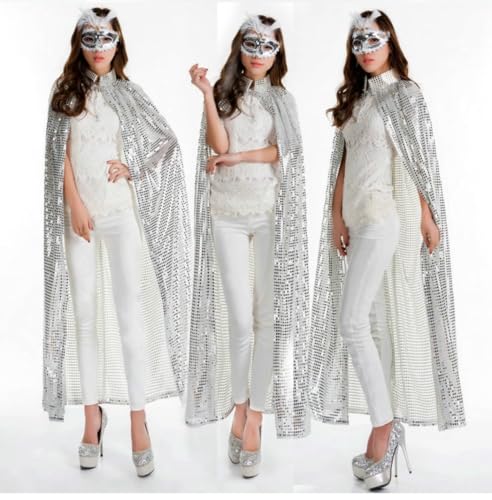 CARxlythic Halloween Kostüm Damen Silber Umhang - Damen Halloween Umhang Lange Pailleiten Bekleidung Karneval Fasching Kostüm für, Fashion Cosplay Zubehör,140cm