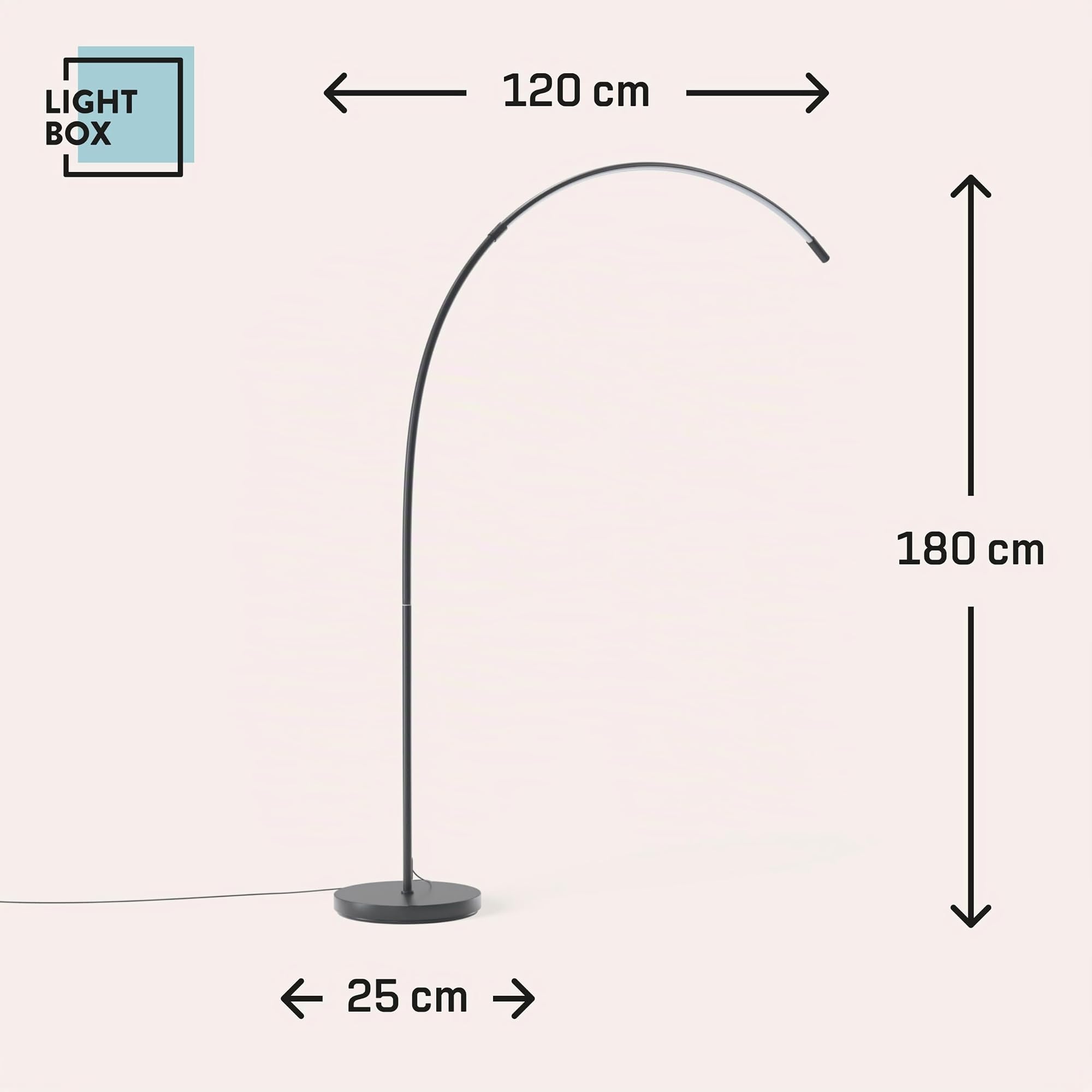 Lightbox Lámpara de pie de arco LED 1,7 m de altura | Lámpara de pie con | Lámpara de arco LED, 170 cm, 1300 lm, 3000-6500 K, regulable, CCT, negra