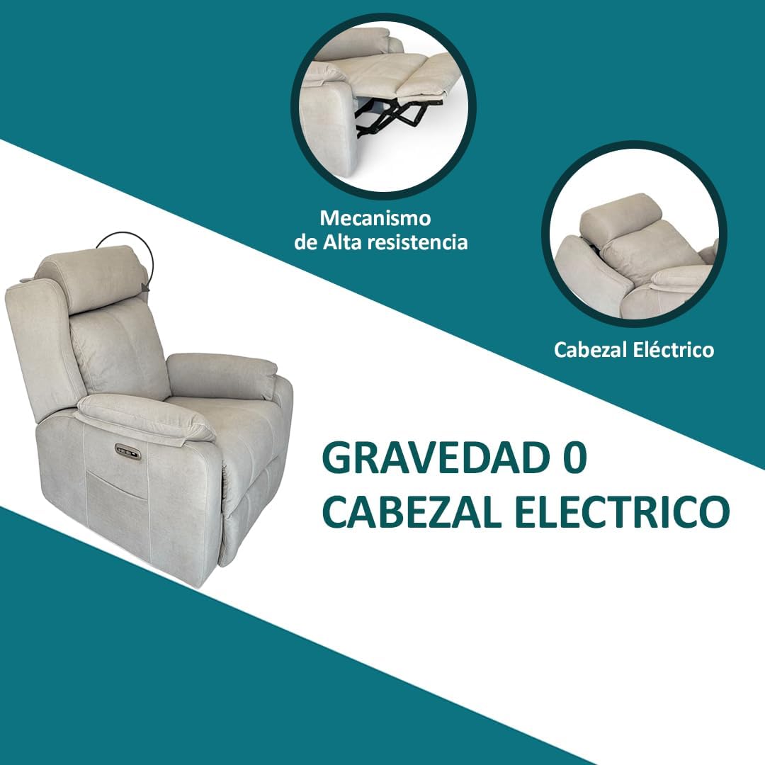Sillon Relax Reclinable Eléctrico, Gravedad Cero | Con Cabezal Eléctrico, Desenfundable, Espuma Suave, Puerto USB | Madera de Pino | Sillones para el Salon | Silla Sofa | Sillones Modernos | Beige
