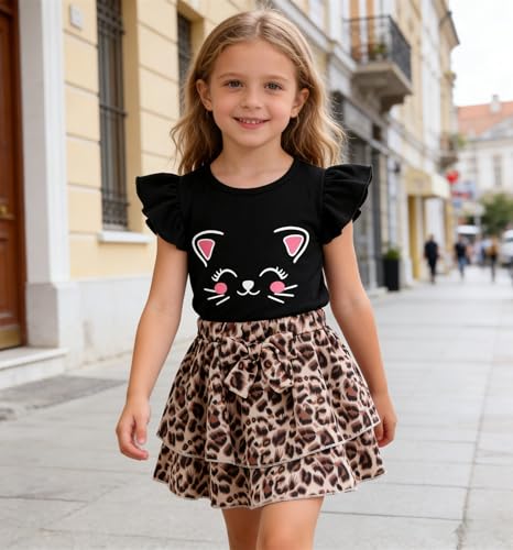Image of Girls Skirt Set 2 Piece Outfit Toddler Summer Clothes Ruffle Sleeve T-Shirt Bow Knot Tutu Skirt Outfit Set