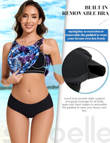 SLIMBELLE Womens Tankini Bathing Suits Only Built in Bra Adjustable Straps High Neck Pleat Loose Fit Swimsuit Rash Guard2