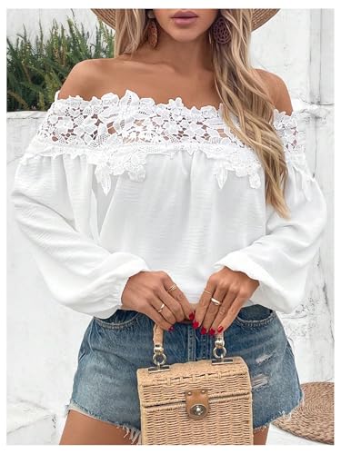 SweatyRocks Women's Off The Shoulder Lace Blouse Long Sleeve Casual Shirts Vacation Tops4