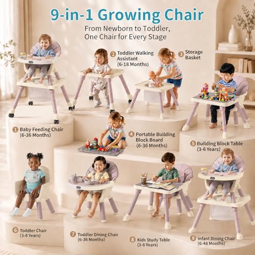 Image of 9-in-1 Convertible Baby High Chair for 6 Months to 8 Years, Grow-with-Me Highchair for Toddlers and Infants with 5-Point Safety Harness, Lockable Wheels, Adjustable Removable Tray, BPA-Free (Pink)