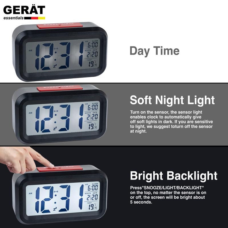 Image of GERAT Kabel Digital Clock with Alarm for Students, Home, Office, and Bedroom | Multiple Alarms with a Snooze Function | Temperature, Day and Month Indicator, Light Sensor for Night Vision, Black /Red