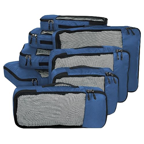 FATMUG Polyester Packing Cubes Travel Pouch Bag Organiser Set of 8 (2X Large-Medium-Small And Slim, Navy Blue)