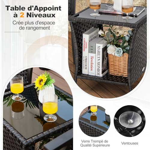 GYMAX Ensemble de Meubles de Patio 3 PCS, 2 Chaises en Rotin et 1 Table avec Étagère Ouverte, Sièges Rembourrés, Cadre en Métal pour Extérieur Jardin, Balcon & Terrasse – Image 3