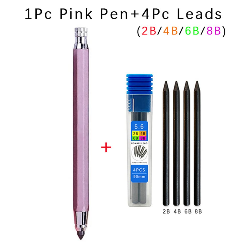 5.6mm metal drawing pencil with 4 2B 4B 6B 8B lead sets professional art sketch mechanical pencil Kawaii stationery can be filled (Pink) - Image 2