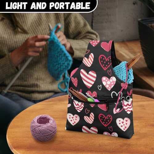 Image of KUIFORTI Cute Heart Yarn Bag Knitting Crochet Bag Yarn Storage Bag Organizer Valentines Day Gifts for Women Girls Wrist Bag, Yarn Tote Bags for Crocheting Love Heart Print