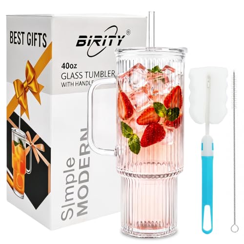 Image of Birity 40oz Ribbed Glass Tumbler with Handle，Glass Cup with Lid and Straw | Reusable Iced Coffee Cup for Smoothies,Soda,Tea-Glass Water Bottles Drinking Glasses for Car,Camping,Travel,and Outdoor