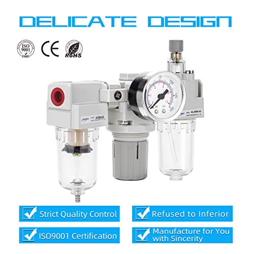 Nanpu 1/4" Npt Air Filter, Regulator & Lubricator (Frl) Combo - Water/Oil Trap Separator - Pressure Gauge(0-150 Psi), 5 Micron Brass Element, Semi-Auto Drain, Poly Bowl, Metal Bracket #TOP5