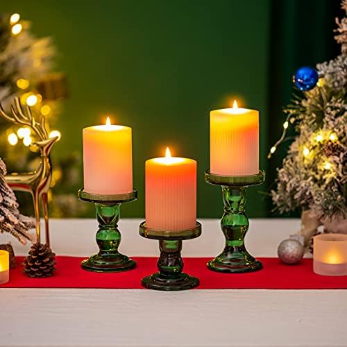 Candlestick Holders Glass Candle Holder - Set of 3 Candle Holders for 8cm Pillar Candles & 2.5cm Taper Candle, Green Tapered Candle Holders Centerpieces for Halloween Christmas Wedding Table Decor