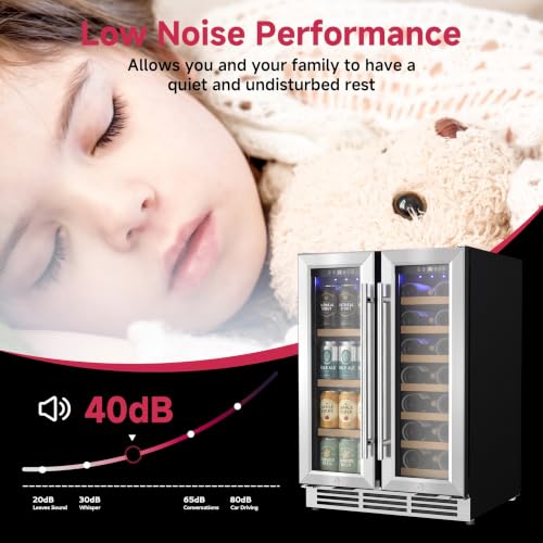 Image of Icyglee 24 inch Wine and Beverage Refrigerator, Dual Zone Wine Cooler with Glass Door, Hold 88 Cans & 21 Bottles, Built in or Freestanding Under Counter Wine Fridge with Blue LED Light.