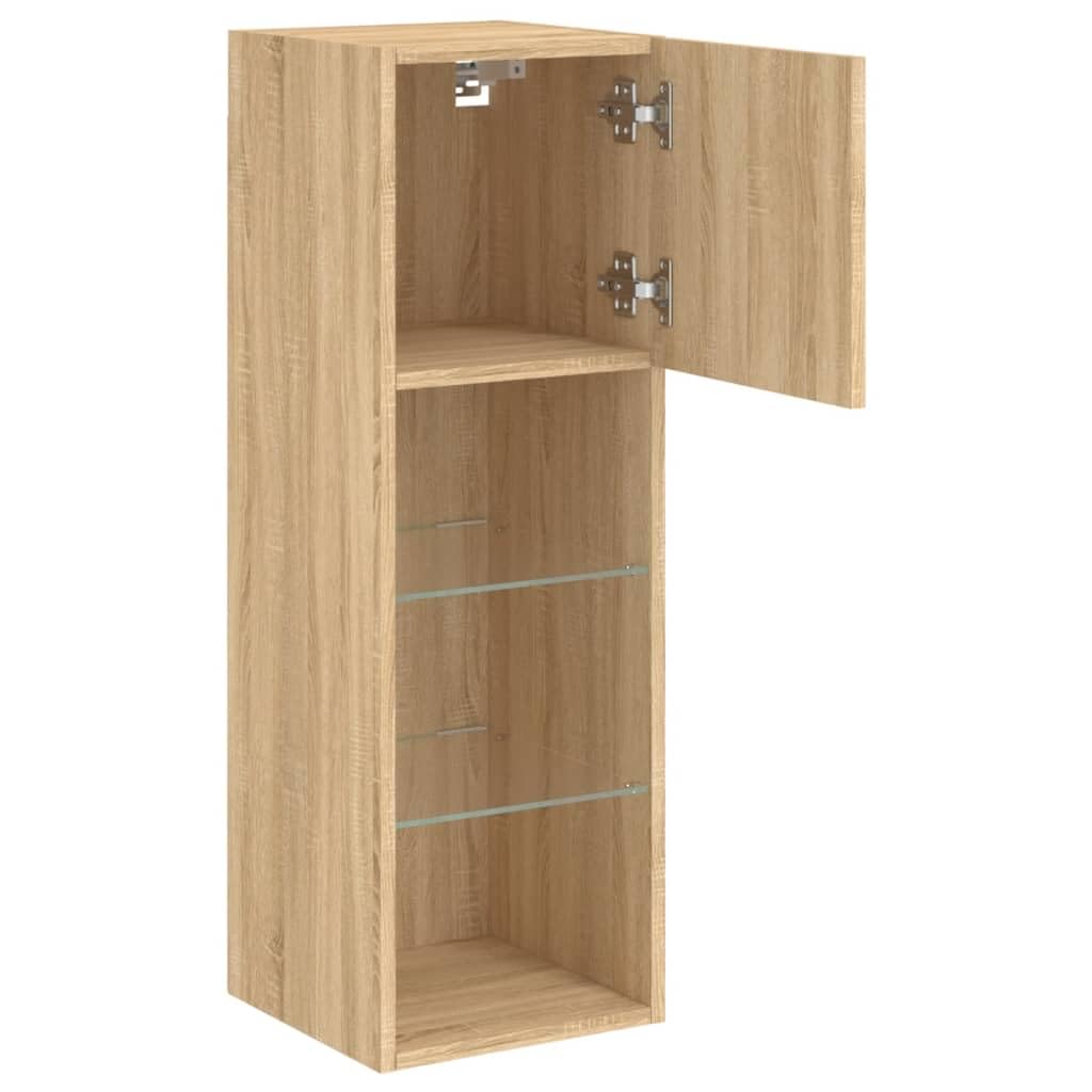 Supporto TV con Luci a LED, Legno Composito, Mobile TV a Parete con Ante e Divisori in Vetro per Lettore DVD, Dischi e Altri Piccoli Oggetti (30,5×30×90 cm)
