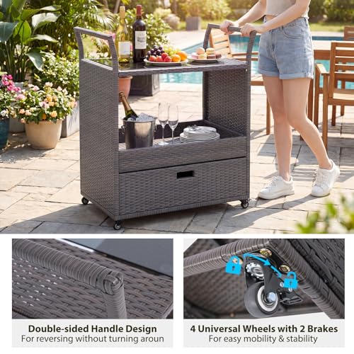 Image of Giantex Rolling Wicker Cart Rattan Bar Cart Outdoor Serving Cart Wicker Trolley Portable Kitchen Trolley Cart W /Shelves and Big Drawer for Dining Room, Restaurant, Party, Poolside Use