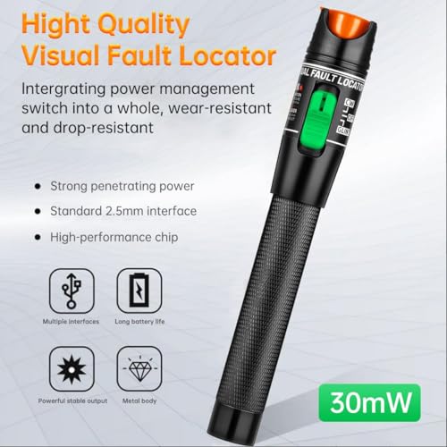 Image of COOLCOLD VFL Visual Fault Locator 30mW 30KM, Fiber Optic Cable Tester Meter, Red Light Pen Tester Adapt LC /FC /SC /ST Interface, Fiber Network Cable Test Kit Fiber Light Source Testers