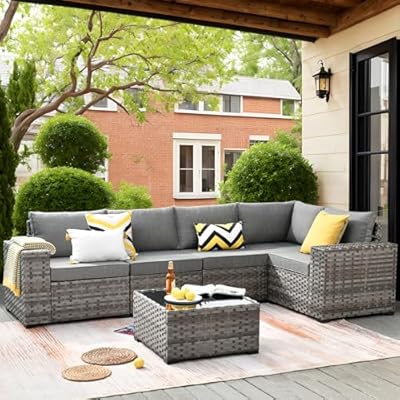 ovios 6 Pieces Patio Furniture Set, Outdoor Wicker Sectional Sofa with Coffee Table Comfy Cushions, Modern Modular Deep Seat Couch Rattan Conversation Set, Dark Grey