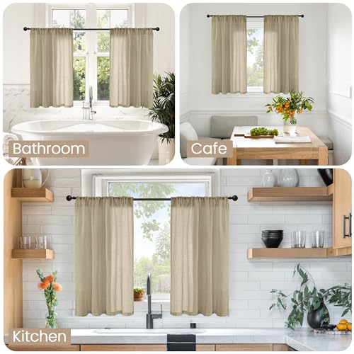Image of BGment Short Camel Linen Curtains 36 Inches Long for Cafe Kitchen - Small Half Window Drapes Semi Sheer Light Filtering with Rod Pocket Textured Lightweight, 2 Panels Set, Each 30 Inch Wide