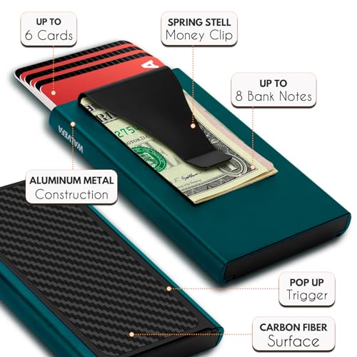 Pop Up Card Holder Wallet,Slim Minimalist Wallet for Men with Money Clip,Aluminum Front Pocket Mens Wallets,RFID Blocking Metal Card Case Stealth Wallet,Holds 6 Cards and Cash(Green)3