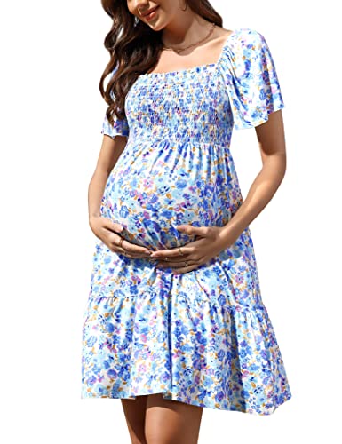 Kojooin Women's Maternity Square Neck Short Sleeve Summer Dress Smocked Boho Ruffle Casual Midi Dress Baby Shower Photoshoot Blue Purple Floral L #TOP24