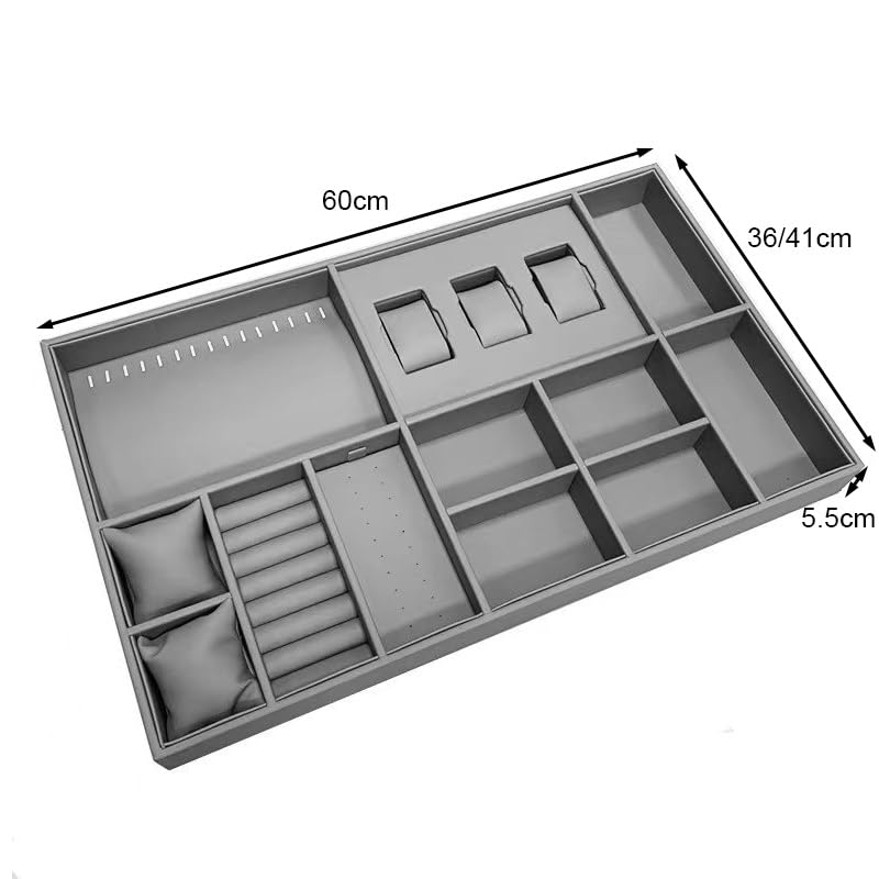 Organizador de joyas apilable para cajón, bandejas de almacenamiento de joyas grises, insertos de tocador para anillos, collares y accesorios (60 x 41 x 5,5 cm)